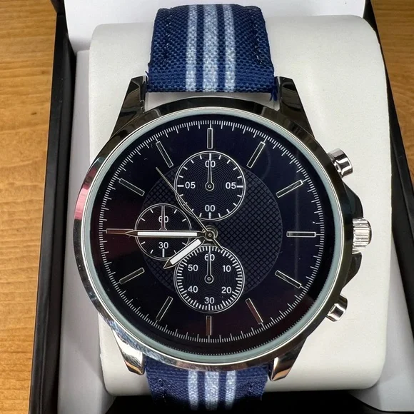 INC Men’s Navy Blue & White Striped Denim Strap Watch 42mm - Picture 9 of 9